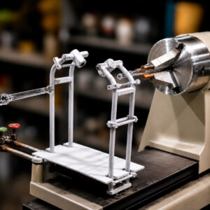 Litton quartz glassworking lathe set up to seal a UV curing lamp during manufacturing at TCS Technologies.