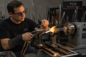 Glassblower forming a quartz UV curing lamp envelope on a precision glassworking lathe at TCS Technologies.