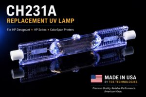 CH231A replacement UV lamp for HP DesignJet, HP Scitex, and ColorSpan printers manufactured by TCS Technologies in the USA