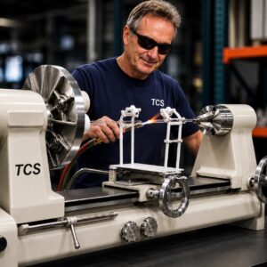 Glassblower sealing a UV curing lamp on a Litton quartz glassworking lathe at TCS Technologies.