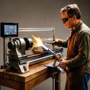 Skilled glassblower at TCS Technologies hand-sealing a premium UV curing lamp on a precision quartz glassblowing lathe.