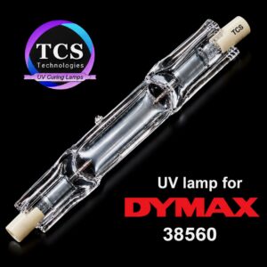 Replacement UV curing lamp for DYMAX 38560 manufactured by TCS Technologies with OEM-style ceramic connectors and precision quartz construction.