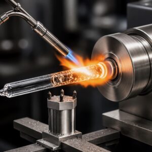 Quartz glass tube being heated and formed on a glassworking lathe during UV lamp manufacturing.