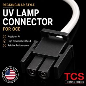 OEM-style rectangular electrical connector for Oce Arizona UV curing lamps, manufactured by TCS Technologies for reliable lamp installation and performance.