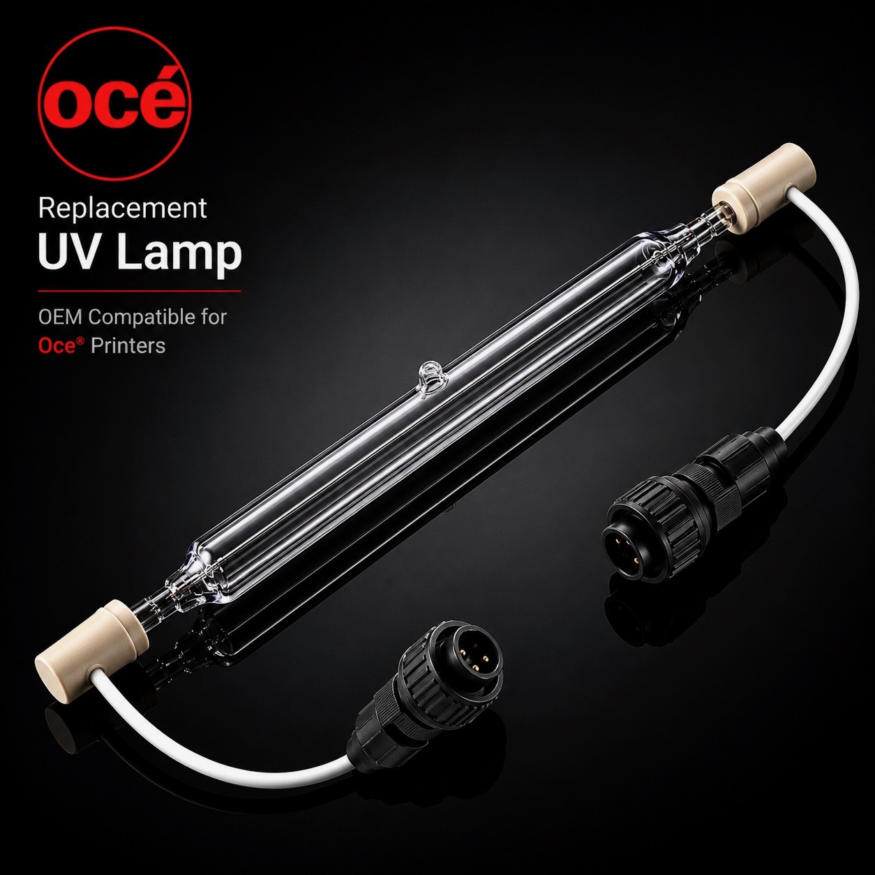 Replacement UV lamp for Oce printers with black circular connectors and ceramic end caps