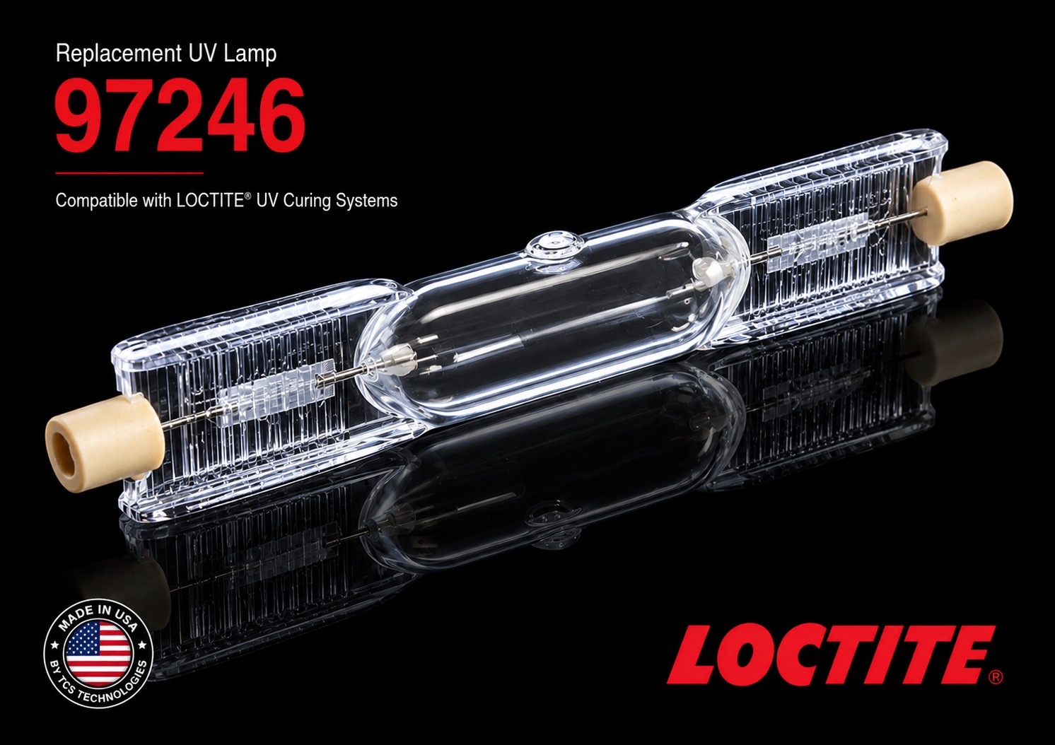 Replacement UV lamp 97246 for LOCTITE® UV curing systems, manufactured in the USA by TCS Technologies with OEM-compatible ceramic end connectors.