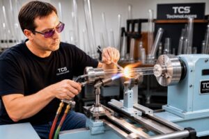 Skilled TCS Technologies glassblower handcrafting a quartz UV curing lamp on a precision glassblowing lathe using an oxygen-hydrogen torch in the USA.
