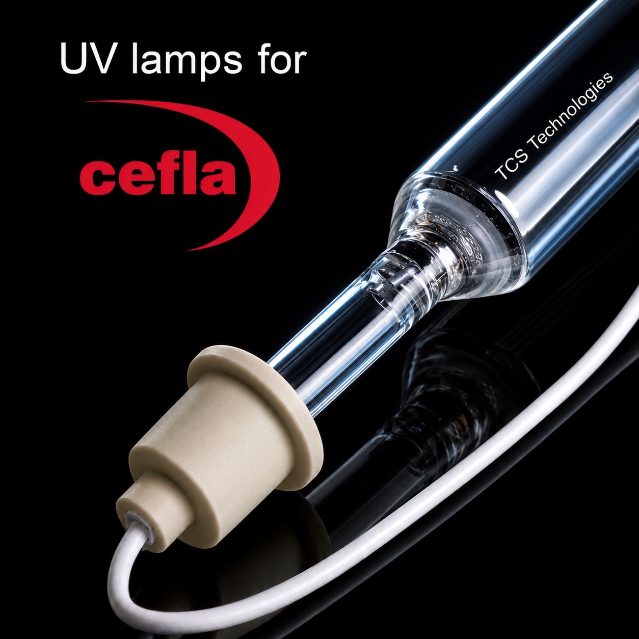 Premium replacement UV curing lamp for Cefla equipment manufactured by TCS Technologies with OEM-compatible ceramic connector.
