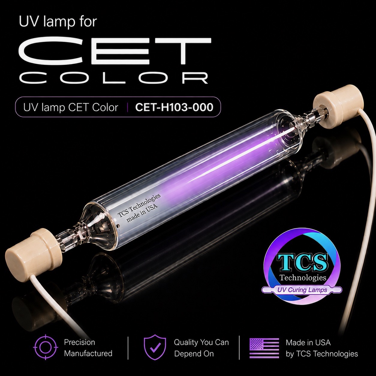 UV lamp for CET Color inkjet printer. Lamp model number CET H103-000 manufactured by TCS Technologies in USA