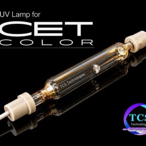 Replacement UV lamp for CET Color UV printing systems manufactured by TCS Technologies with OEM-style ceramic connectors.
