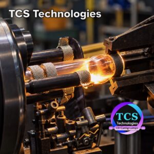 Quartz tubing being formed on a glass-blowing lathe at TCS Technologies